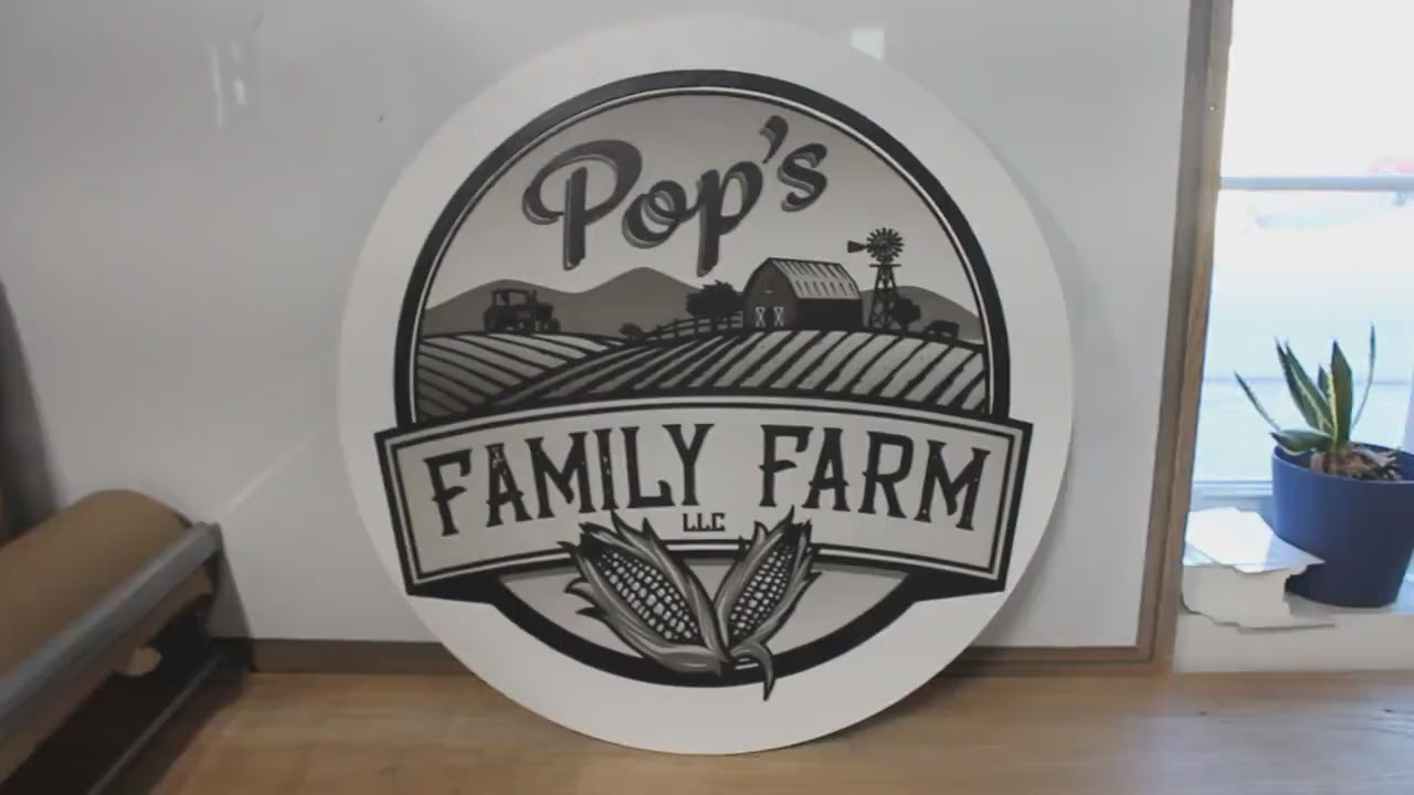 Family Farm Corn Barn Homestead Pops Giftable Country Tractor Black and White Printed and 3D Custom Sign Round Made to Order Wooden Handmade