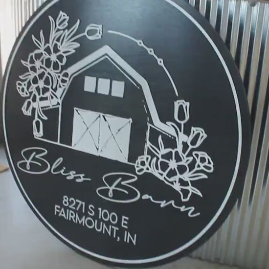 Custom Barn Bliss Venue Business Commerical Signage Laurel Outline Line Art Style Made to Order Small Shop Logo Circle Wooden Handmade