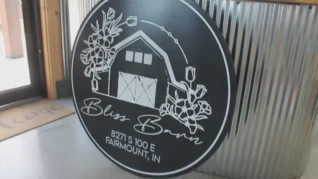 Custom Barn Bliss Venue Business Commerical Signage Laurel Outline Line Art Style Made to Order Small Shop Logo Circle Wooden Handmade