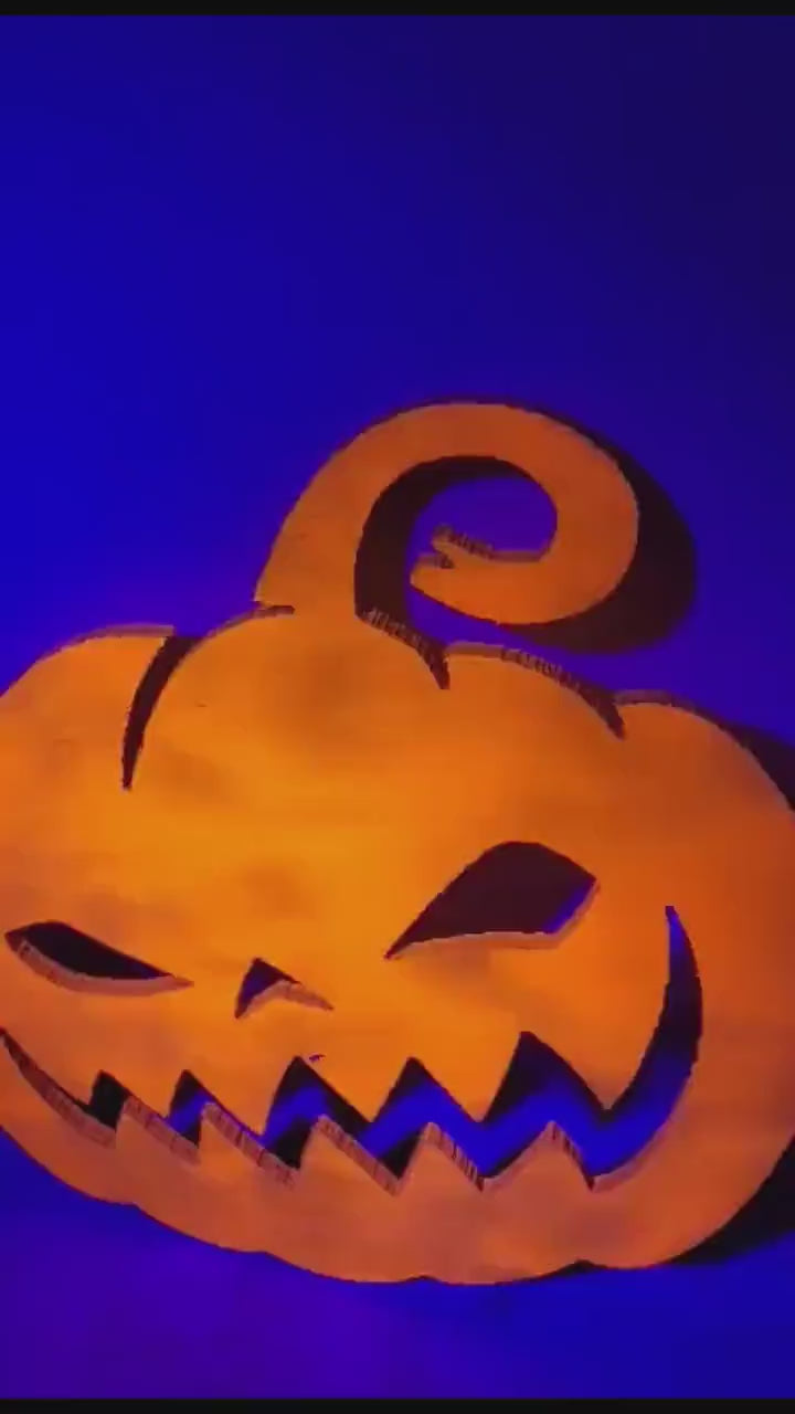 Spooky Jack o Lantern Teeth Pumpkin Halloween Decor Self Sitter Fluorescent Black Light Several Sizes Patch Haunted House Party Wooden