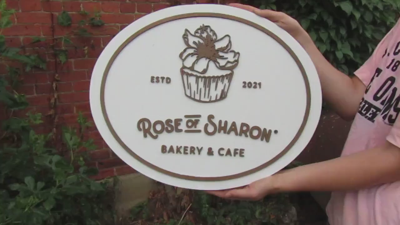 Custom Bakery And Cafe Sign Wooden Handmade Decor Cupcake Baker Rose of Sharon Your Logo Oval Commerical Signage Business Sign Restaurant