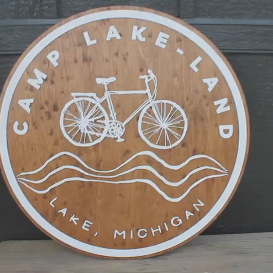 Round Custom Business Sign Wood and White Bike Bicycle Camp Signage Outdoors Hiking Lake Camping 3D Raised Layered Sign