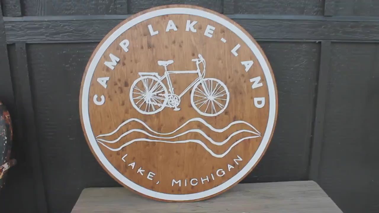 Round Custom Business Sign Wood and White Bike Bicycle Camp Signage Outdoors Hiking Lake Camping 3D Raised Layered Sign