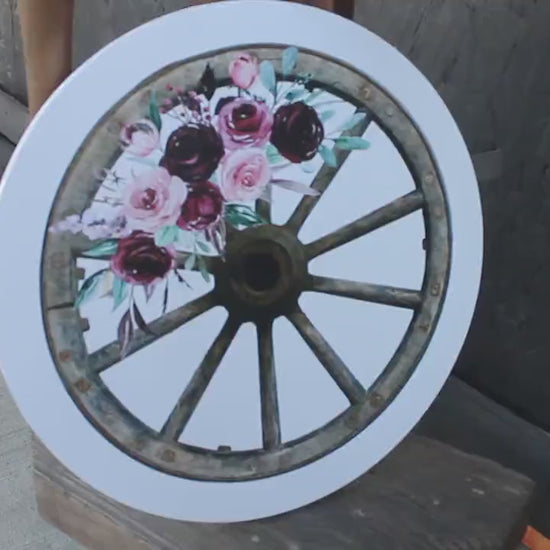 Wagon Wheel Rustic Outdoor Weatherproof Print Floral Roses Yard Art Round Country Farmhouse Cottage Country Decor Western