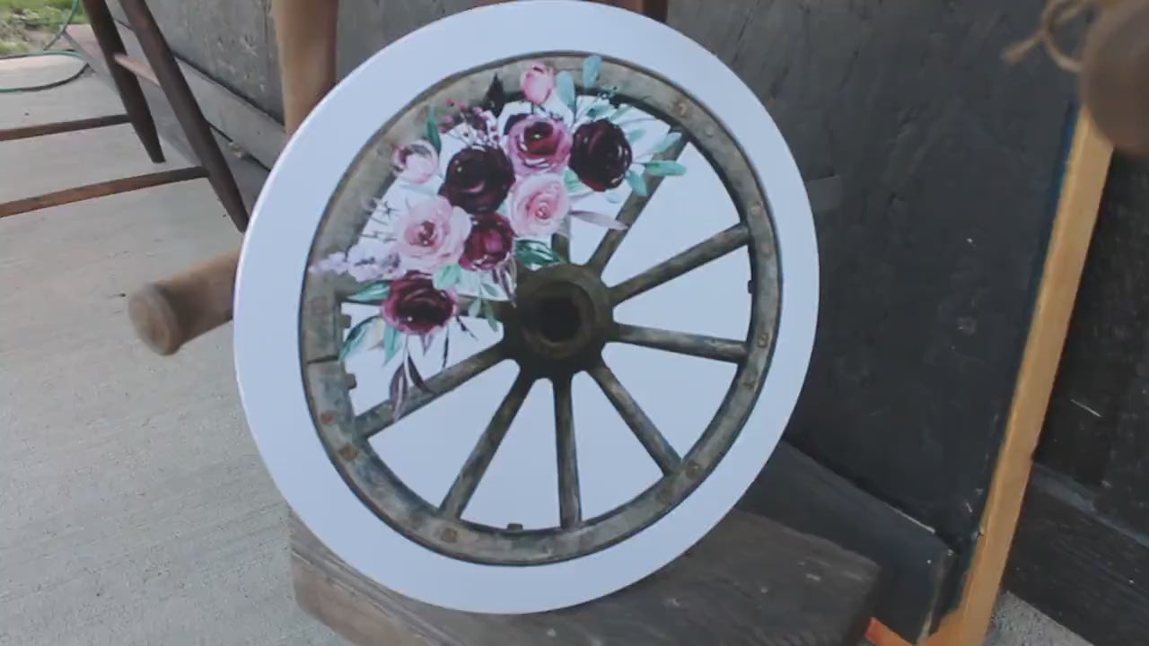 Wagon Wheel Rustic Outdoor Weatherproof Print Floral Roses Yard Art Round Country Farmhouse Cottage Country Decor Western