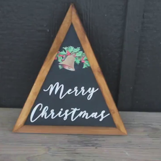 Merry Christmas Bell Holly Christmas Decor Handmade Printed Layered Sign Triangle Rustic Home decor Unique