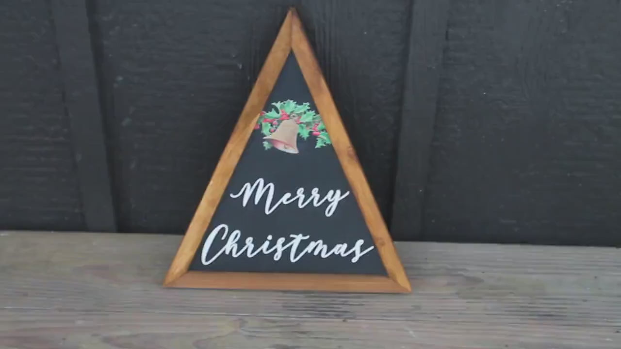 Merry Christmas Bell Holly Christmas Decor Handmade Printed Layered Sign Triangle Rustic Home decor Unique