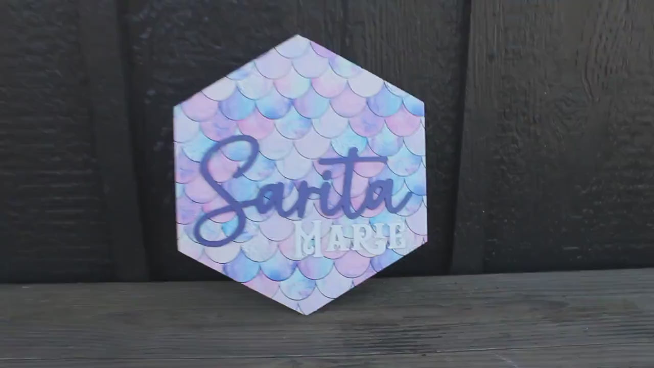 Custom Kids Name Decor Sign Childrens Room Mermaid Personalized Your name Raised 3D Printed Shape Hexagon