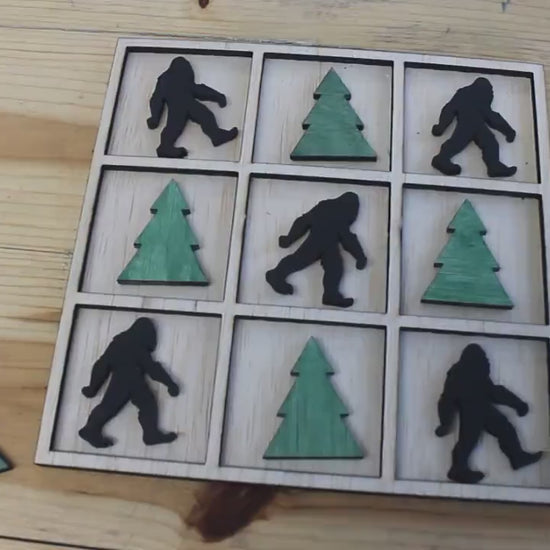 Handmade Tic Tac Toe Bigfoot Sasquatch Cabin Woods Stained Camping Cabin game Wooden Lodge Vacation Family game boardgame Laser cut engraved