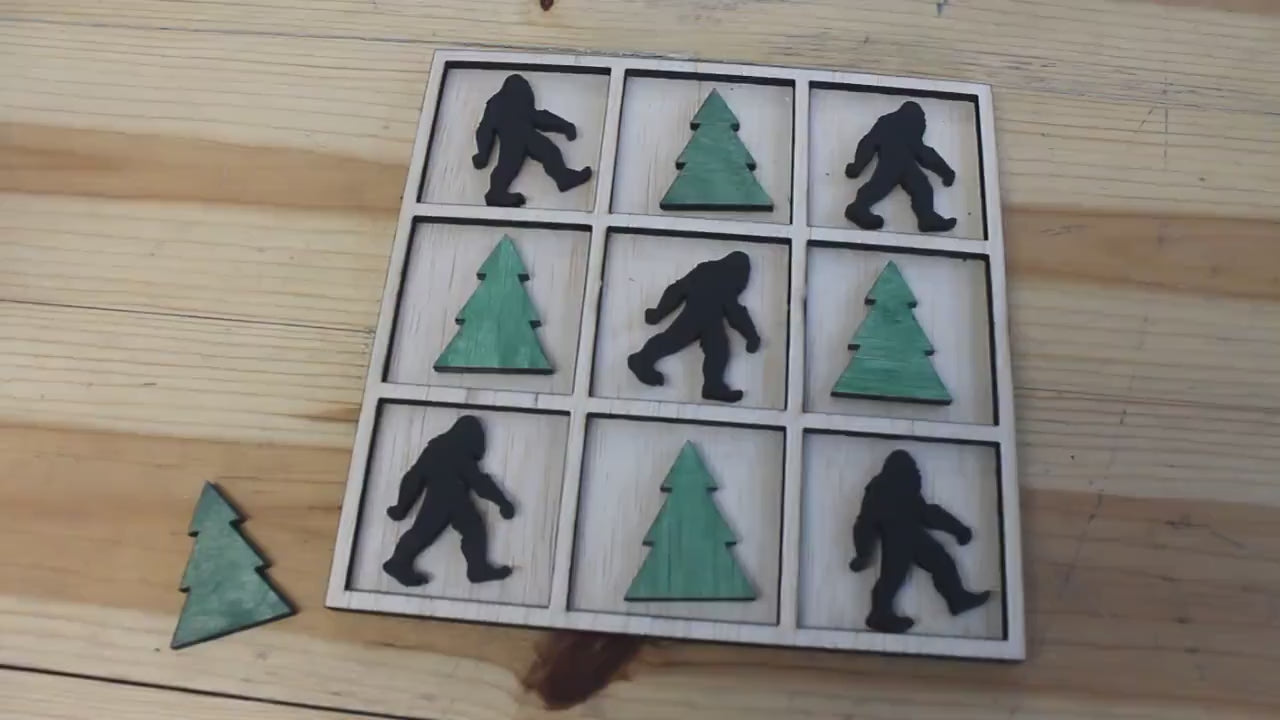 Handmade Tic Tac Toe Bigfoot Sasquatch Cabin Woods Stained Camping Cabin game Wooden Lodge Vacation Family game boardgame Laser cut engraved