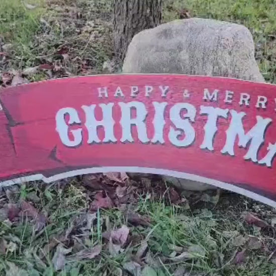 Large Merry and Happy Christmas sign banner for over the door or doorway red wood sign santa hat red and white  on rustic wood planks