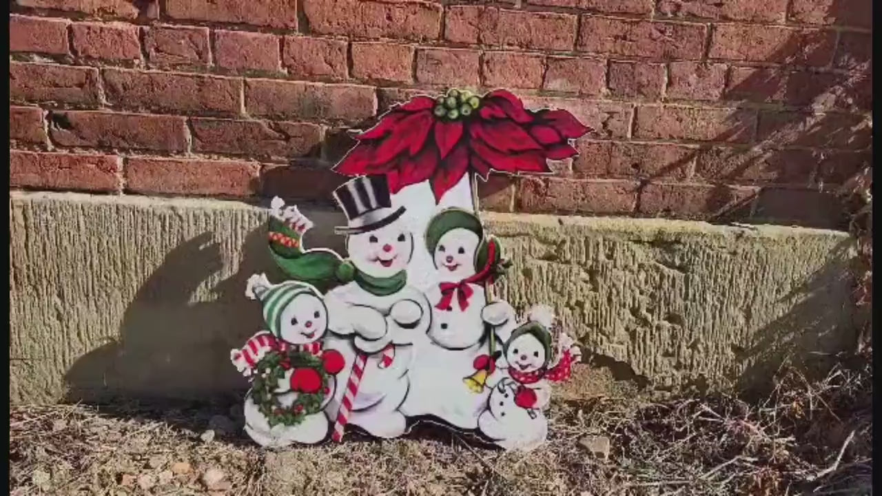 Vintage Yard Art PVC Winter Snowman Family Poinsettia Yard Sign Decorations Yard Decor Christmas Outdoor Weatherproof Printed image