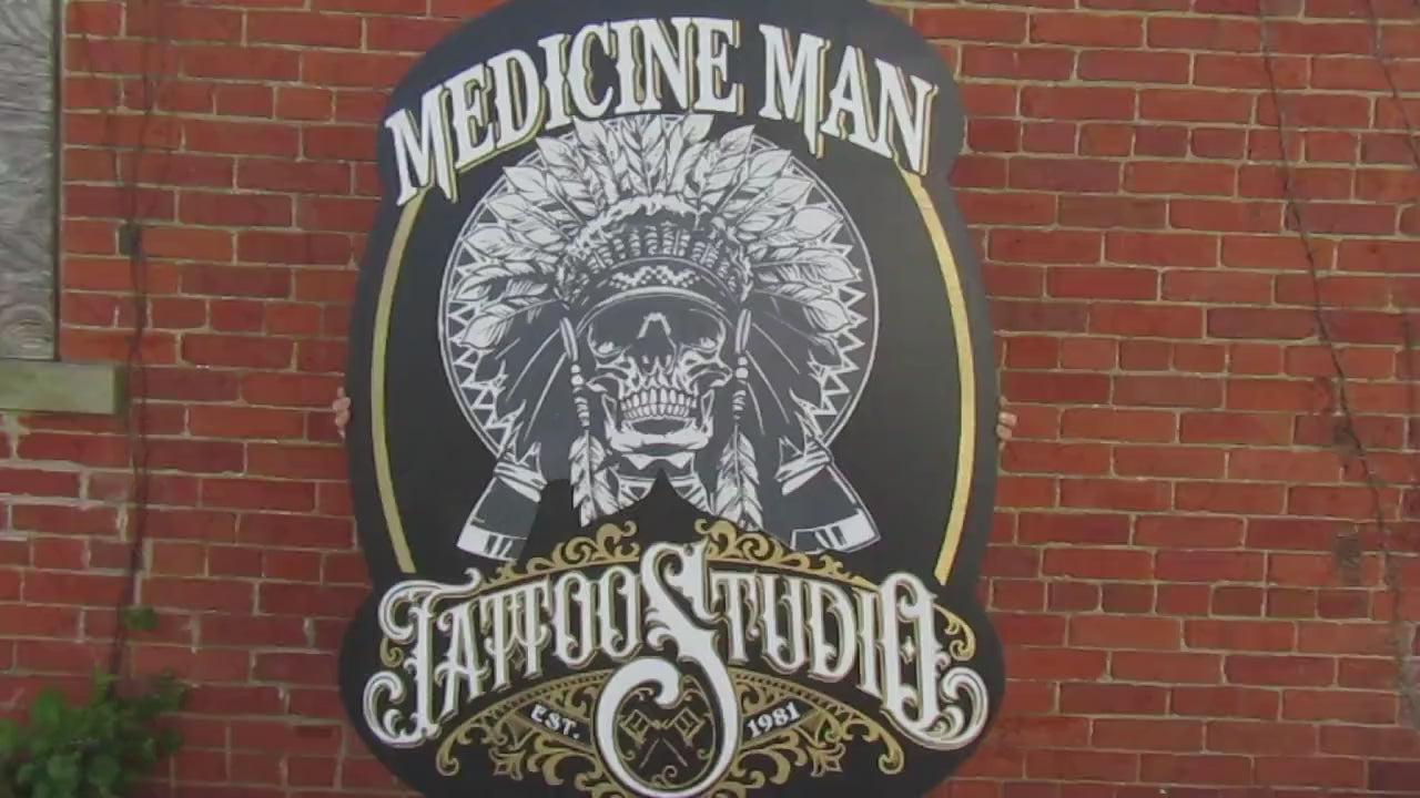 Extra Large Medicine Man Tattoo Studio Raised Text 3D Skull Indian Custom Logo Goth Tribal Classic Western Style Wooden Store Front Business