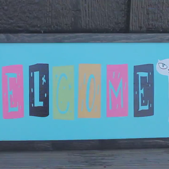 Welcome Colorful Sign Cat Retro Cat Person Handmade Home Decor Inviting Entry Way Wooden Printed Signage