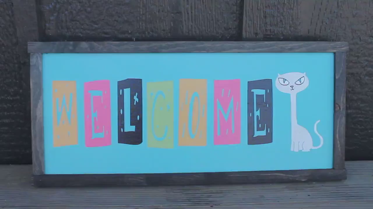 Welcome Colorful Sign Cat Retro Cat Person Handmade Home Decor Inviting Entry Way Wooden Printed Signage