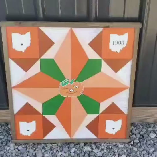 Ohio Winky Pumpkin Heart of it all Small Town Barn Quilt Mascot Farm Decor Orange and Green Whitewash Wooden Wood Hang in Garden Star Flower