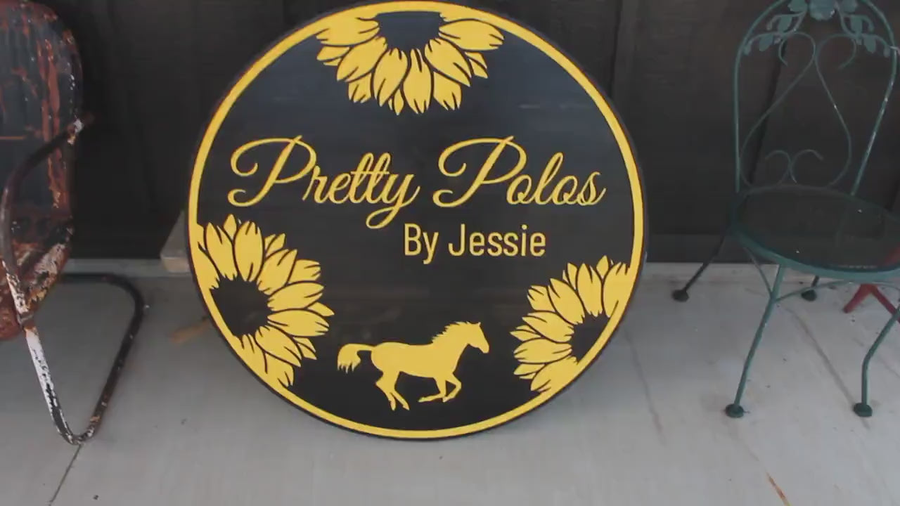 Custom Business Logo Engraved Sign Horse Sunflowers Design Black and Yellow Personalized Image Etched Running Horse Polo