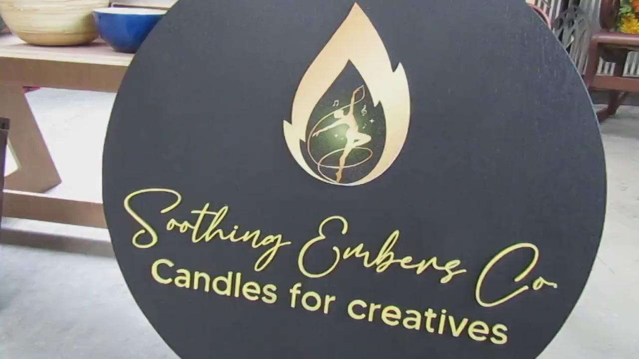 Custom Sign Candle Shop and Co Signage Creatives Soothing Flame Black and Yellow Personalized Sign Round Circle Embers Uv And Raised image