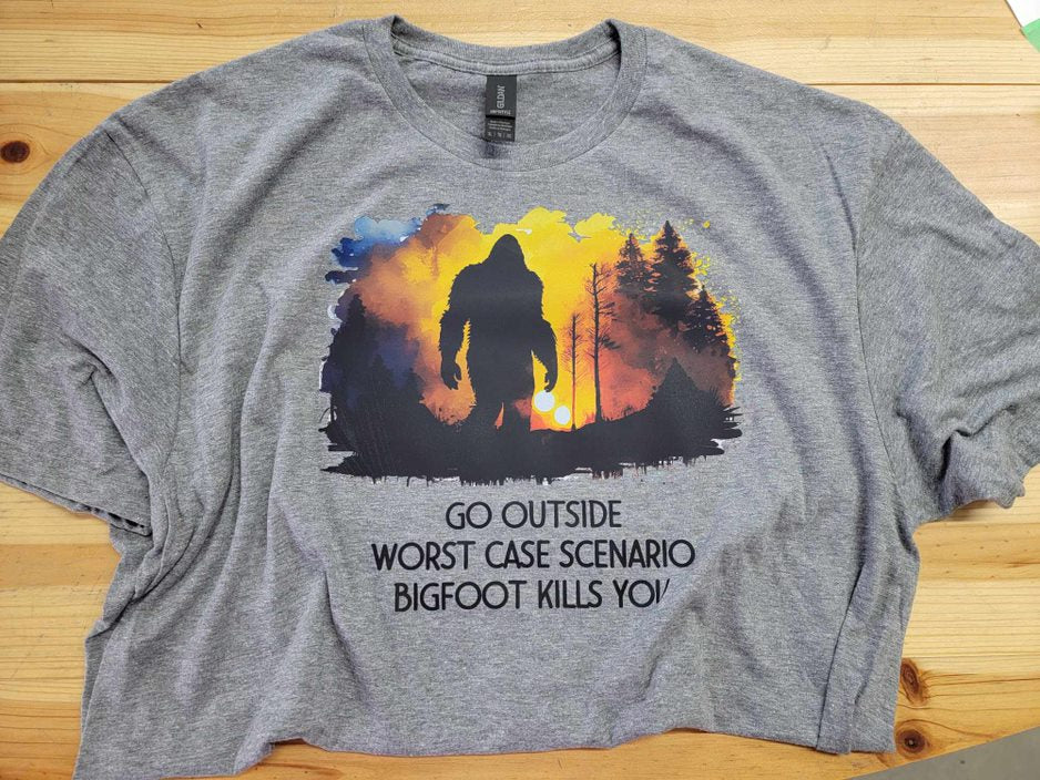 Go Outside Worst Case Scenario Bigfoot Kills You DTF Transfer Sheet