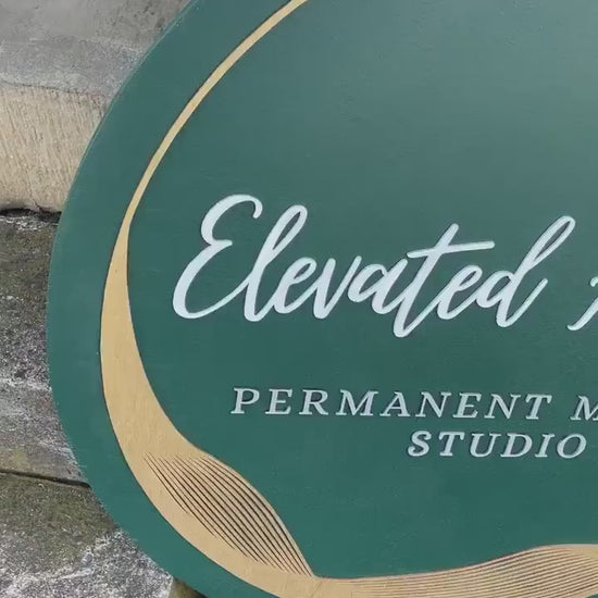 Custom Sign Round Business Makeup Studio Green Gold Elevated Commerical Signage Made to Order Logo Artist Permanent Circle Wooden Handmade