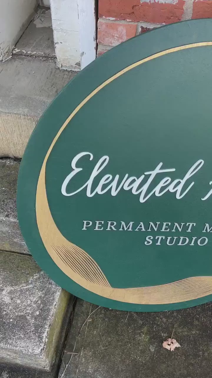 Custom Sign Round Business Makeup Studio Green Gold Elevated Commerical Signage Made to Order Logo Artist Permanent Circle Wooden Handmade