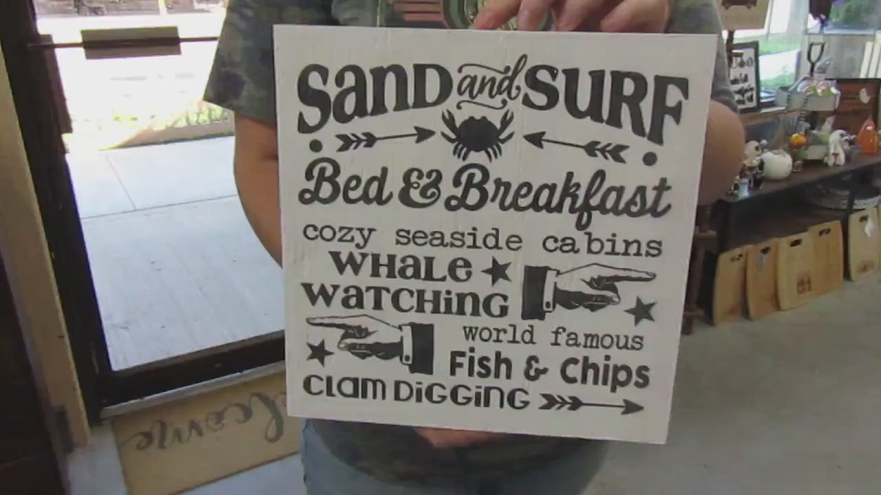 Beach Theme Decor Bed and Breakfast Design Tropical South Cute BNB decor Unframed Wooden Printed Sign Cozy Cabin Fish and Chips Crab