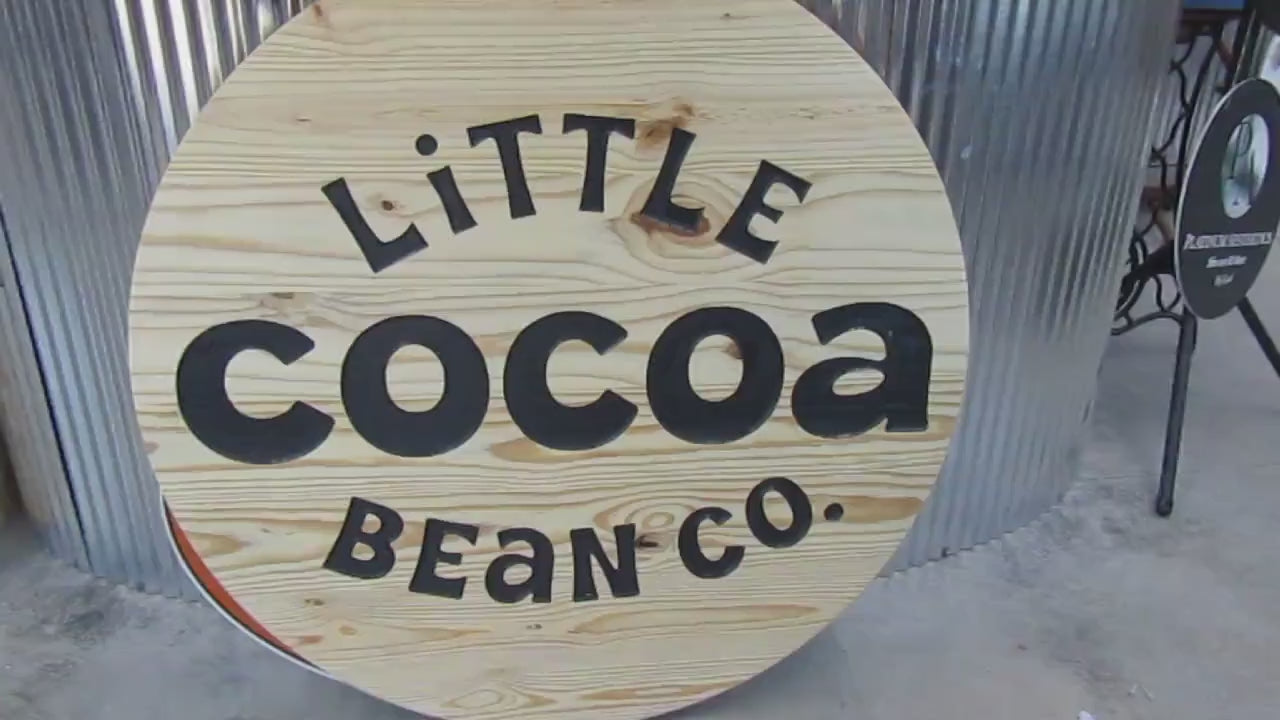 Custom Wood Carved Engraved Color Filled Business Commerical Signage Cocoa Bean Chocolate Sweets Your Logo  Pine Wood Store Front Round Sign