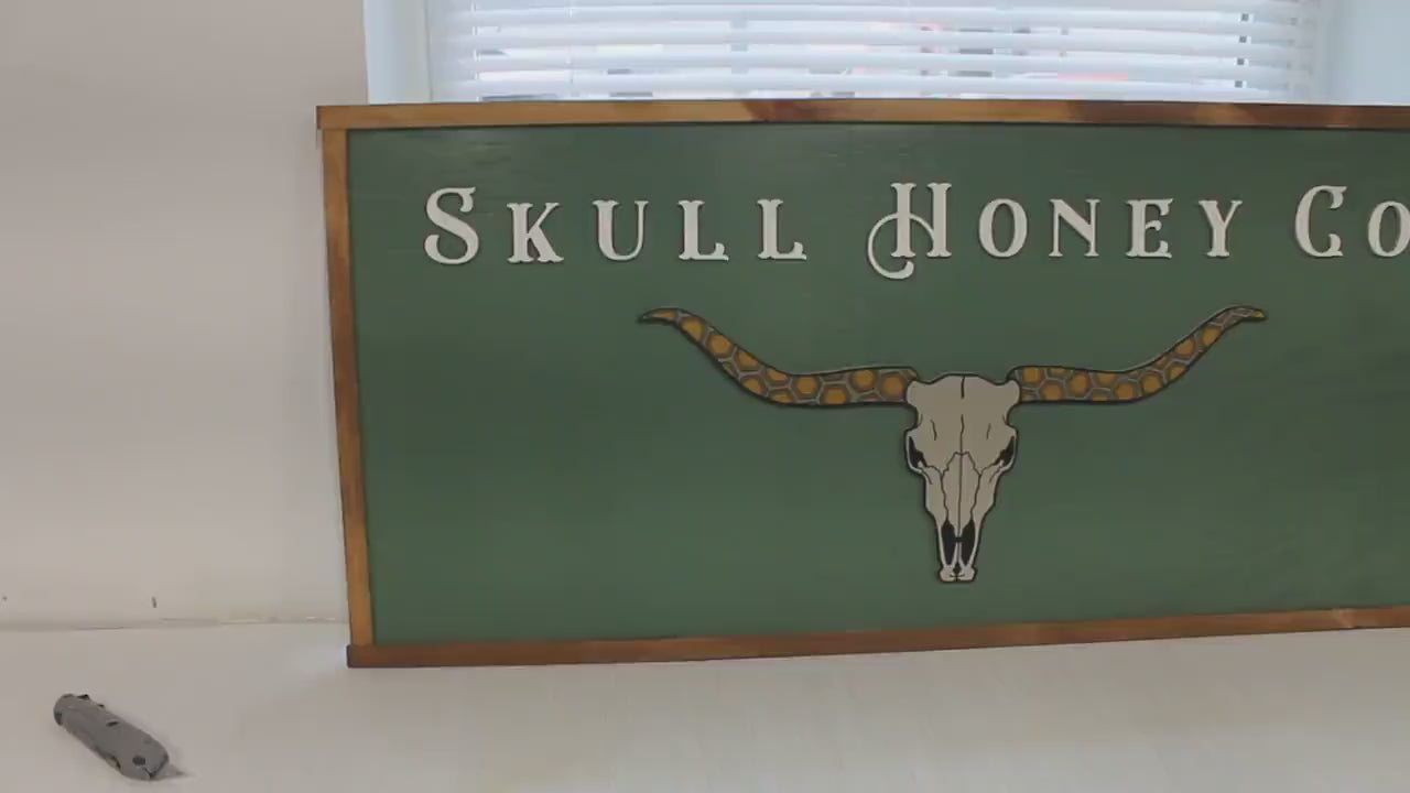 Custom Logo Skull Bull Honey Business Image Printed Raised Lettering Western Country Green Steer Wooden Handmade Decor Sign Boutique