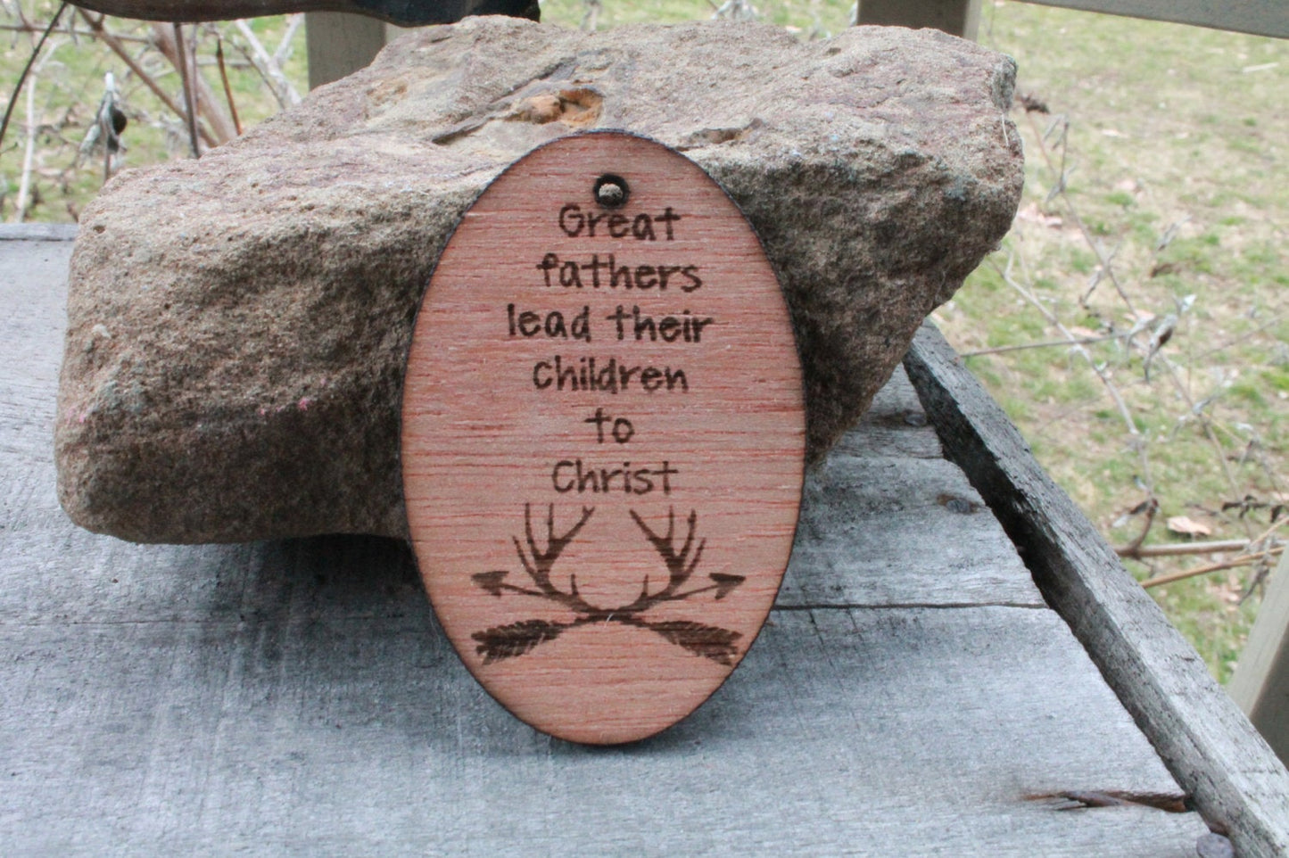christian father / dad  gift ornament Great Fathers Lead Their Children to Christ Engraved Wood Ornament Key Chain Antlers Laser Etching