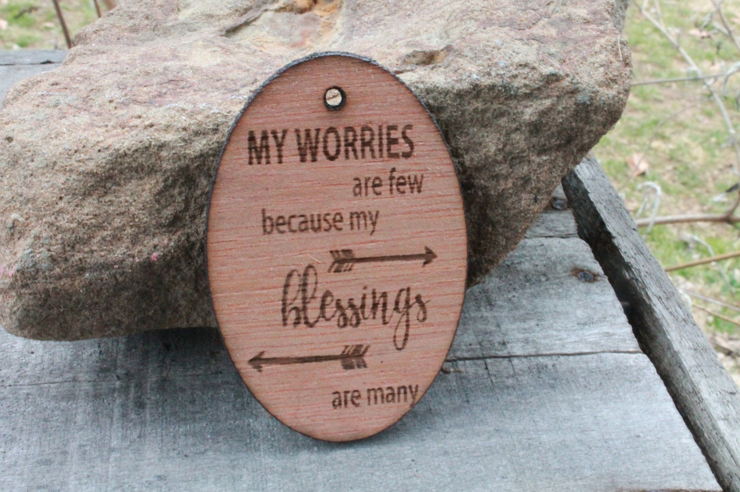 My Worries Are Few Because My Blessings Are Many Engraved Wood Ornament Key Chain Laser Etching