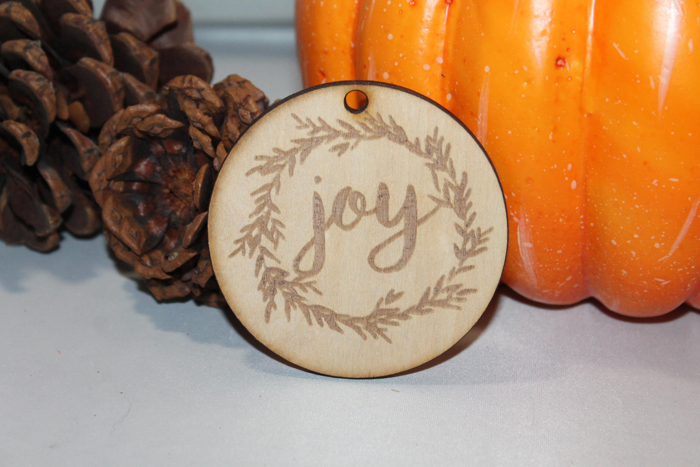 Joy, Joy in Wreath, Wreath, Christmas Ornament, Custom Ornament, Laser Engraved, Wood Cut Out, Footstepsinthepast