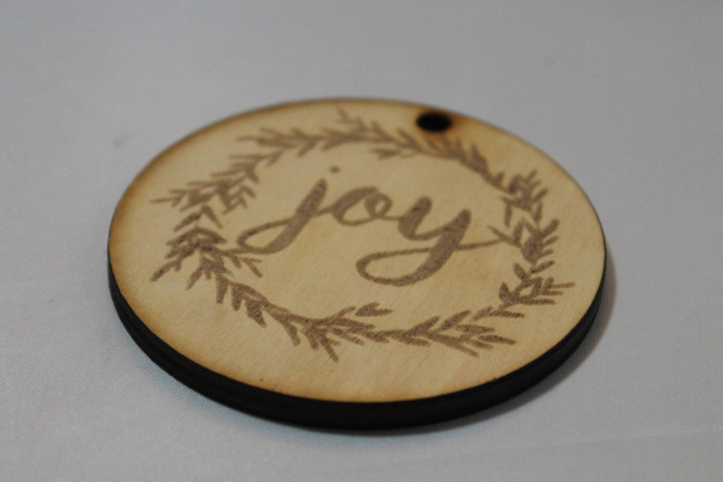 Joy, Joy in Wreath, Wreath, Christmas Ornament, Custom Ornament, Laser Engraved, Wood Cut Out, Footstepsinthepast