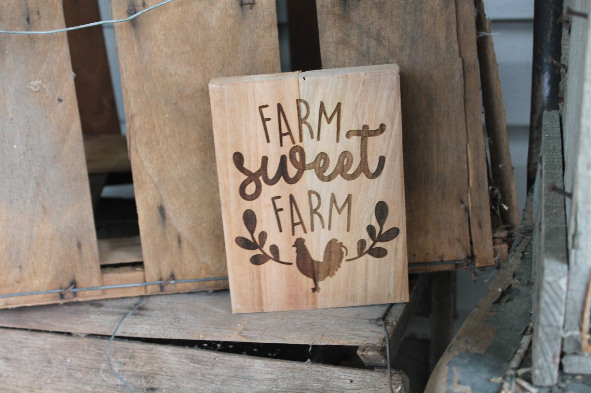 Farm Sweet Farm Primitive Country Signage Home Decor Wood Sign Farmhouse Chicken Etching Personalize Laser Engraved Footstepsinthepast