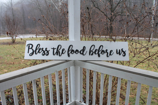 Bless the Food Raised Text Farmhouse Dining Room Table Kitchen Decor Black and White Rustic Prayer Blessing Country 3D Shabby Chic