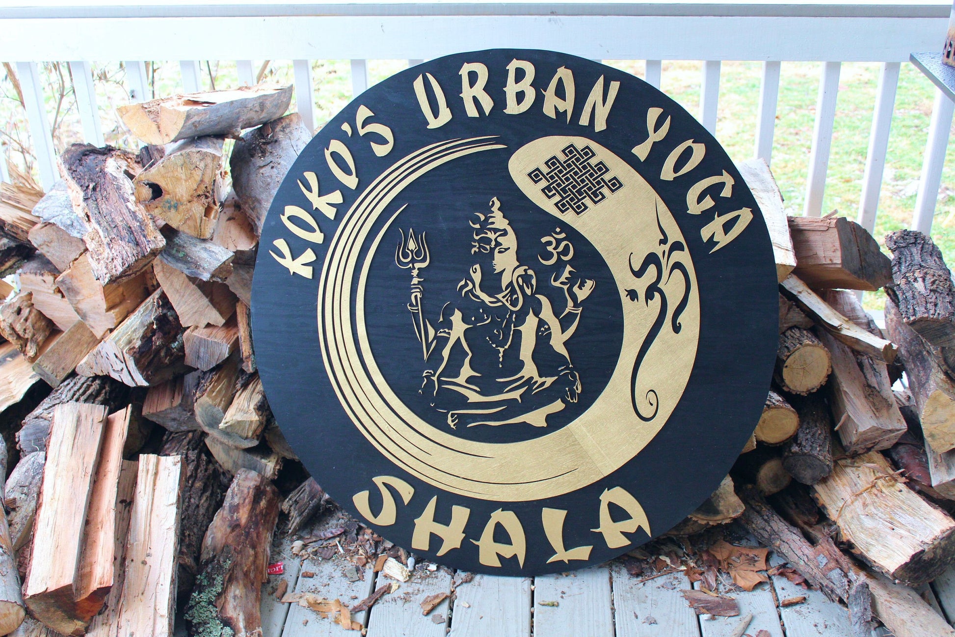 Large round business commercial entrance sign Lord Shiva Health and wellness sign black and gold made to order massage therapist sign décor