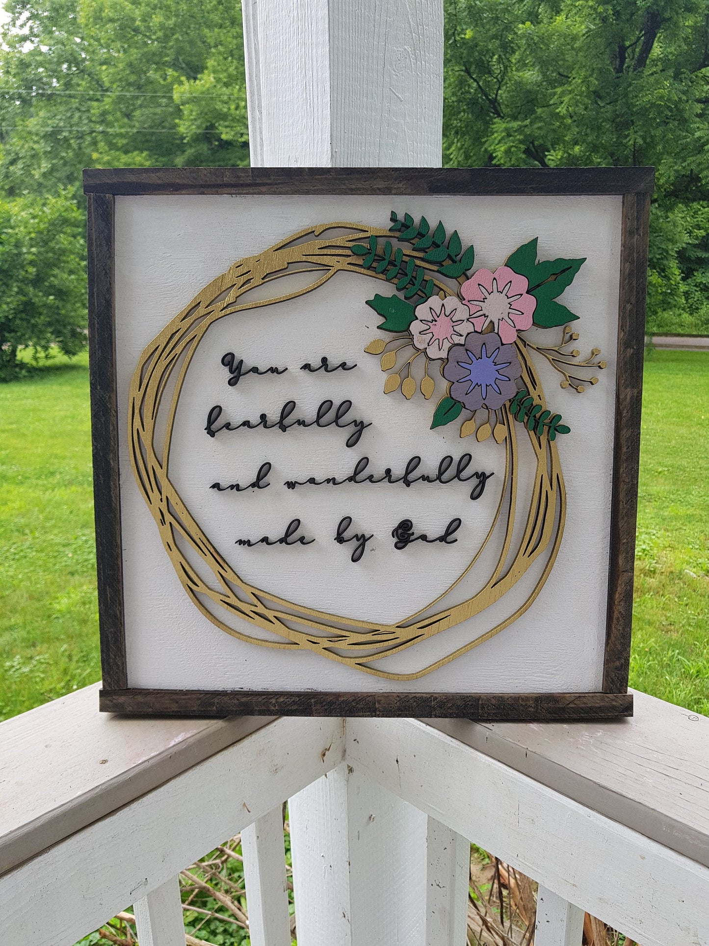 Fearfully and Wonderfully Made, Hoop Wreath, Flowers, Raised Text, 3D, Floral Sign, Bible Verse, Wooden, Wood, 3D, Handmade, Customize