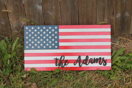 Personalized American Flag Wood Sign, Family Name Sign, Patriotic, Stars and Stripes, Independence Day, Custom, Wood, Laser Cut Out, 3D