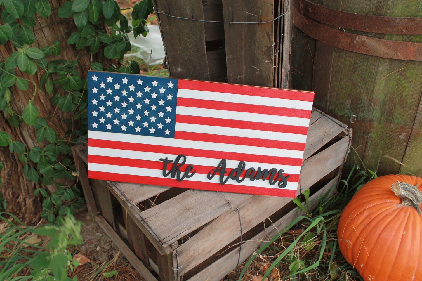 Personalized American Flag Wood Sign, Family Name Sign, Patriotic, Stars and Stripes, Independence Day, Custom, Wood, Laser Cut Out, 3D