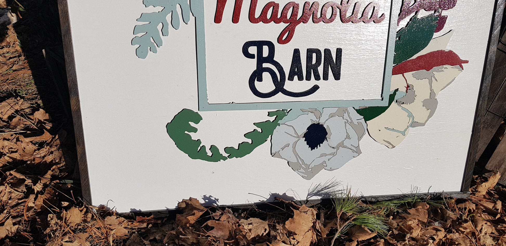 Farm Entrance Sign Magnolia Flowers Barn Sign Custom Business Sign We Use Your Graphic and Colors Business Logo Wood Laser Cut Out 3D