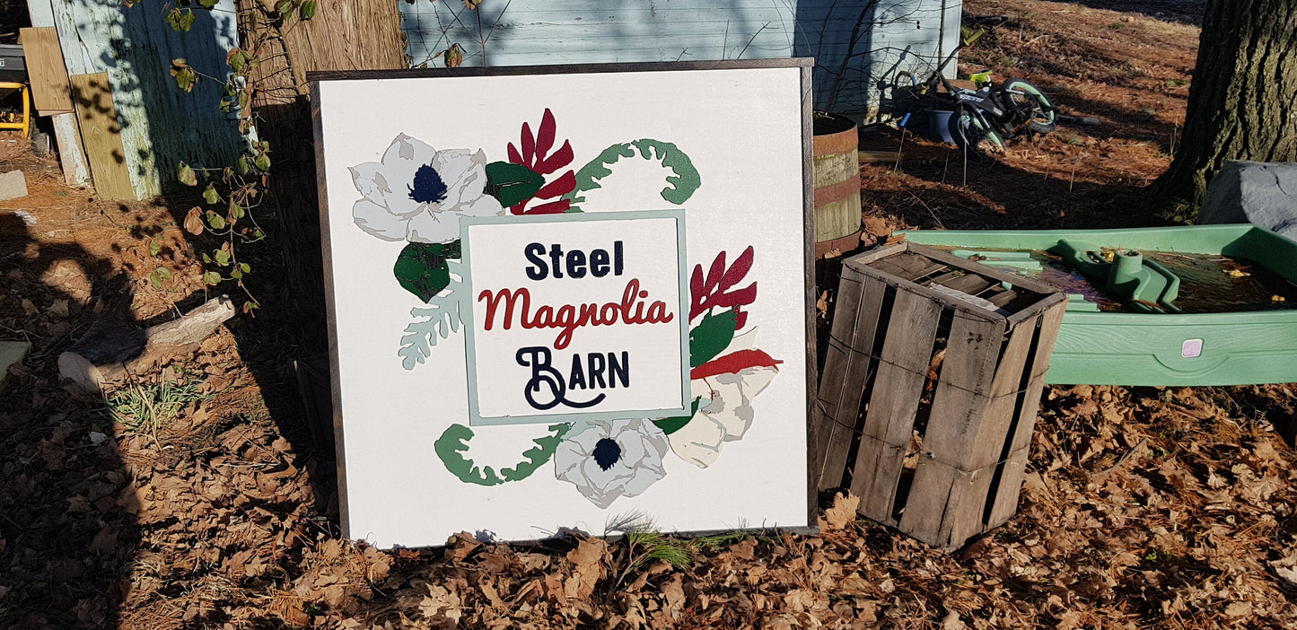 Farm Entrance Sign Magnolia Flowers Barn Sign Custom Business Sign We Use Your Graphic and Colors Business Logo Wood Laser Cut Out 3D