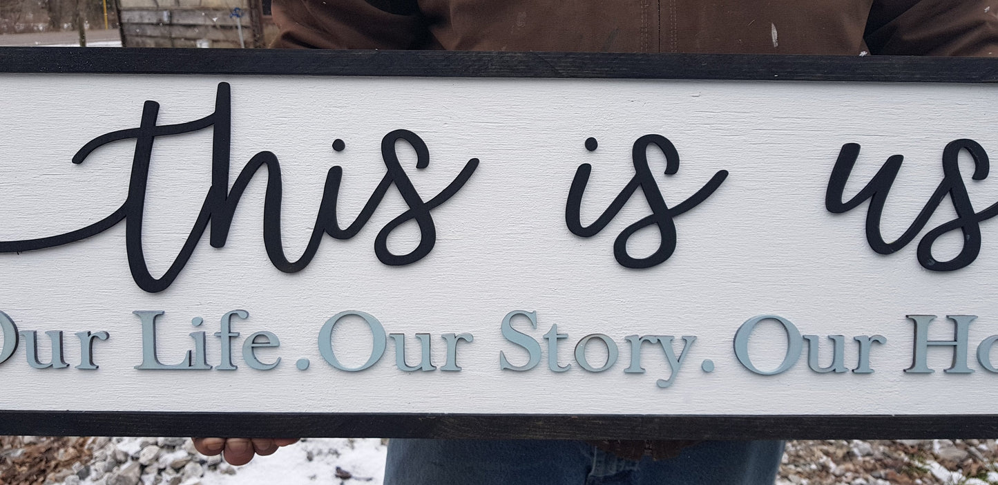 This is Us Our Life Our Story Our Home Large family sign wood fireplace living room dinning room shabby cottage chic farmhouse rustic decor