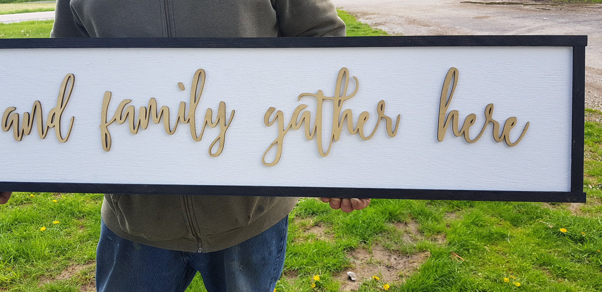 Large Wood Signage Dining Friends & Family Gold Gather Here Close Family Couch Sign Shabby Chic Raised Letter Over-sized 3D Kitchen Hostess