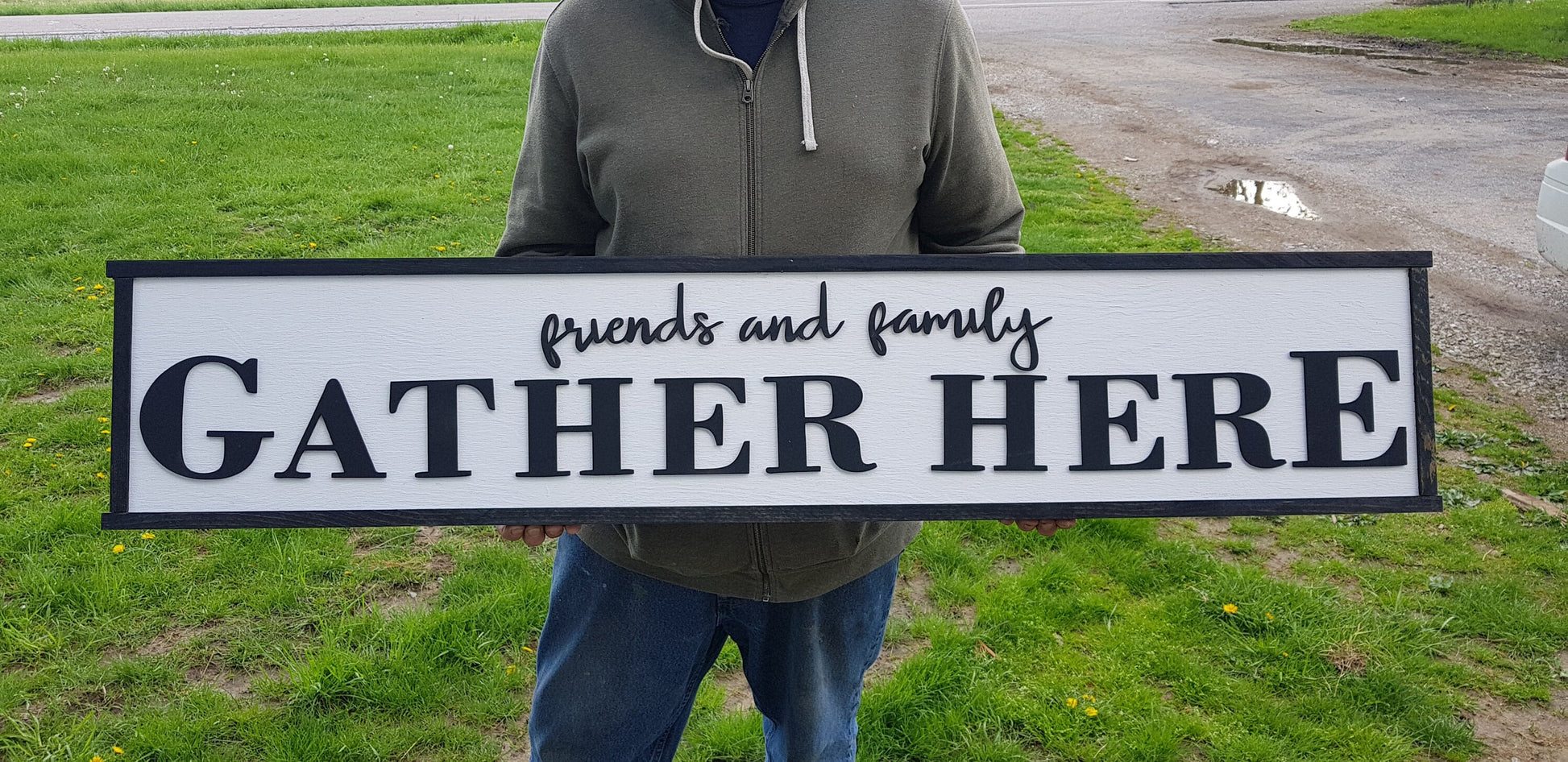 Raised Text Friends and Family Gather Here Sign Over Sized Couch Sign Shabby Chic Black and White Wood Extra Large Sign Over-sized 3D