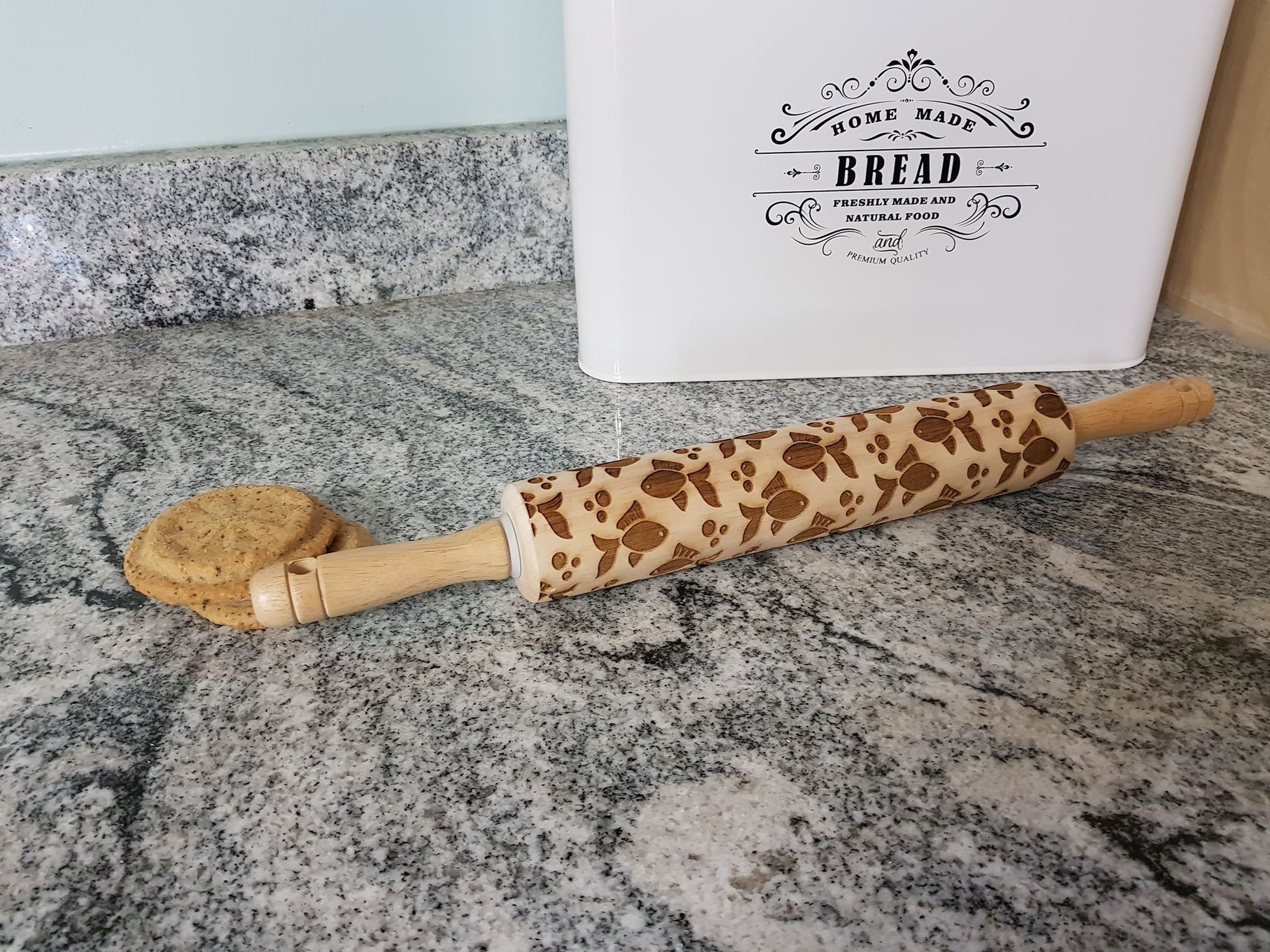 Fish, Gold Fish, Tropical, Texture, Embossed, Engraved, Wooden Rolling Pin, Cookie Stamp, Laser, Hardwood 10 inch, Pattern, pottery