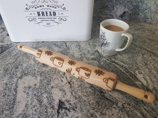 Coco, Hot Chocolate, Coffee, Snowflakes, Winter, Christmas, Texture, Embossed, Engraved, Wooden Rolling Pin, Cookie Stamp, pottery