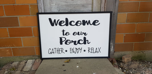Welcome To Our Porch Large Porch Sign Gather Enjoy Relax Welcome Signage Neighbors Family Friends Rustic Country 3D Raised Handmade Hearts