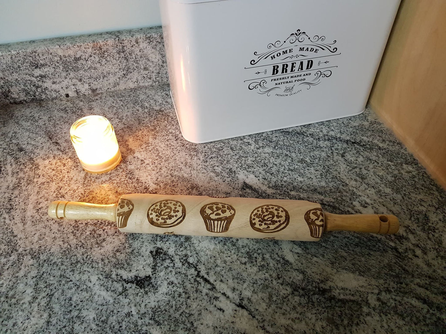 Cupcake, Bagel, Muffin, Sweets, Dessert, Texture, Embossed, Engraved, Wooden Rolling Pin, Cookie Stamp, Laser, Hardwood 10 inch, pottery