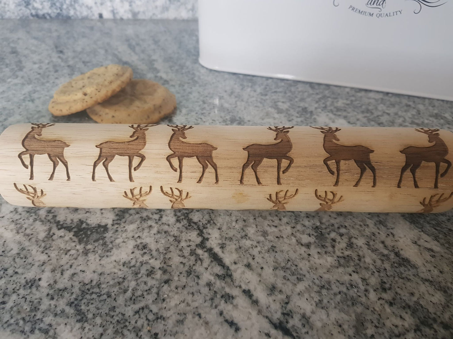 Reindeer, Deer, 10 Inch Rolling Pin, Embossed, Engraved, Wooden Rolling Pin, Cookie Stamp, Laser, Hardwood, pottery texture