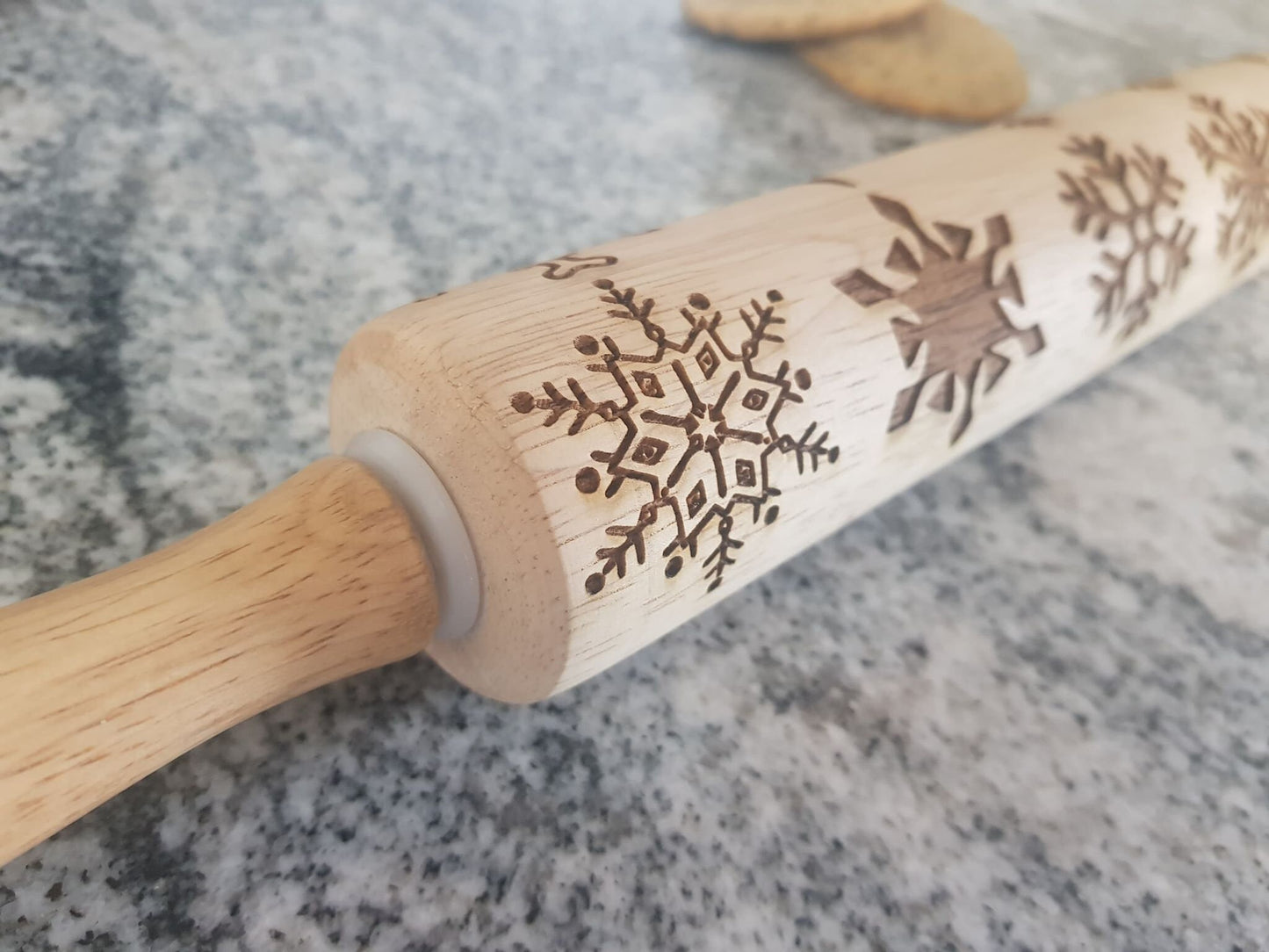 textured Snowflake Rolling Pin Winter Christmas Nature Gift Embossed Engraved Wooden Rolling Pin Cookie Stamp Laser pottery texture roller