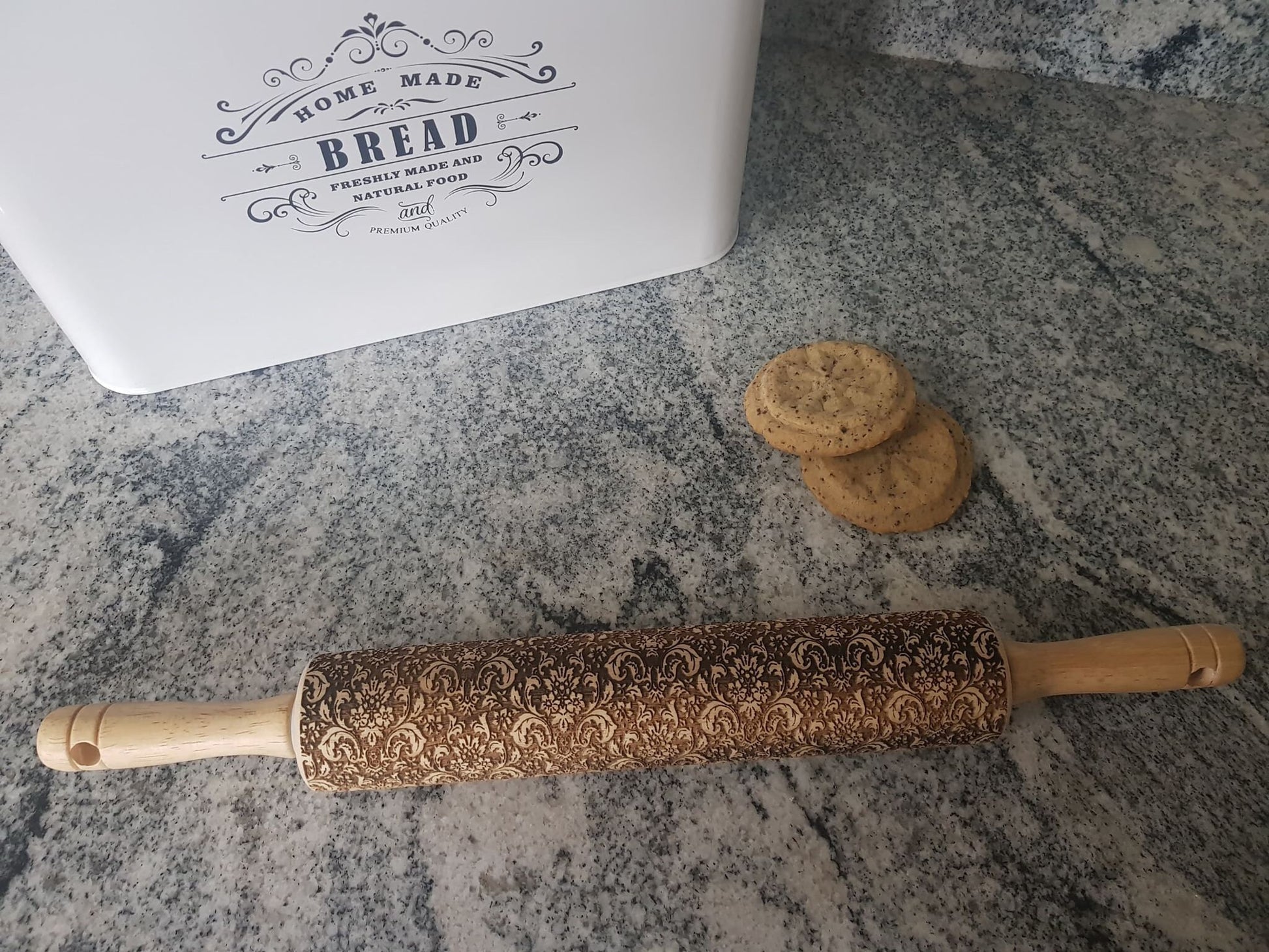 Flourish, Texture, Embossed, Engraved, Wooden Rolling Pin, Cookie Stamp, Laser, Hardwood 10 inch, Design, Pattern, Nature, pottery floral